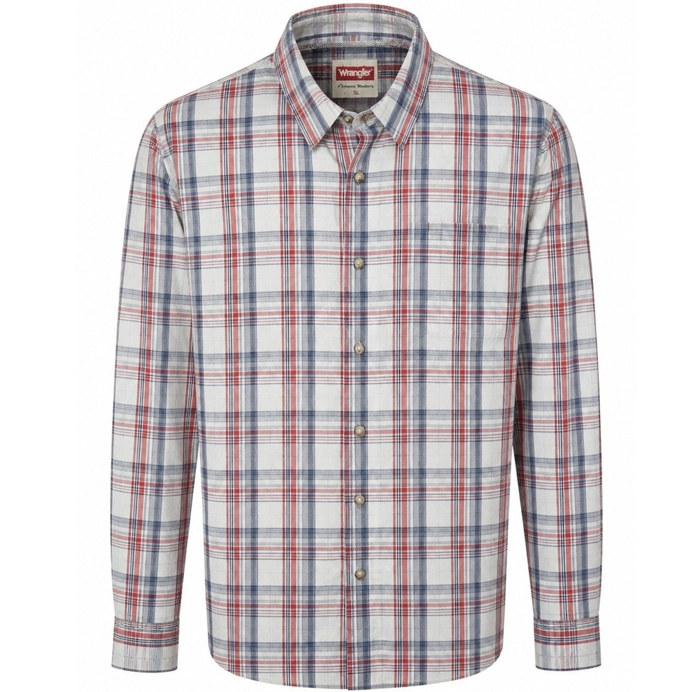 VTG Wrangler Button Down Shirt Mens L Long Sleeve Red White Blue Plaid Regular